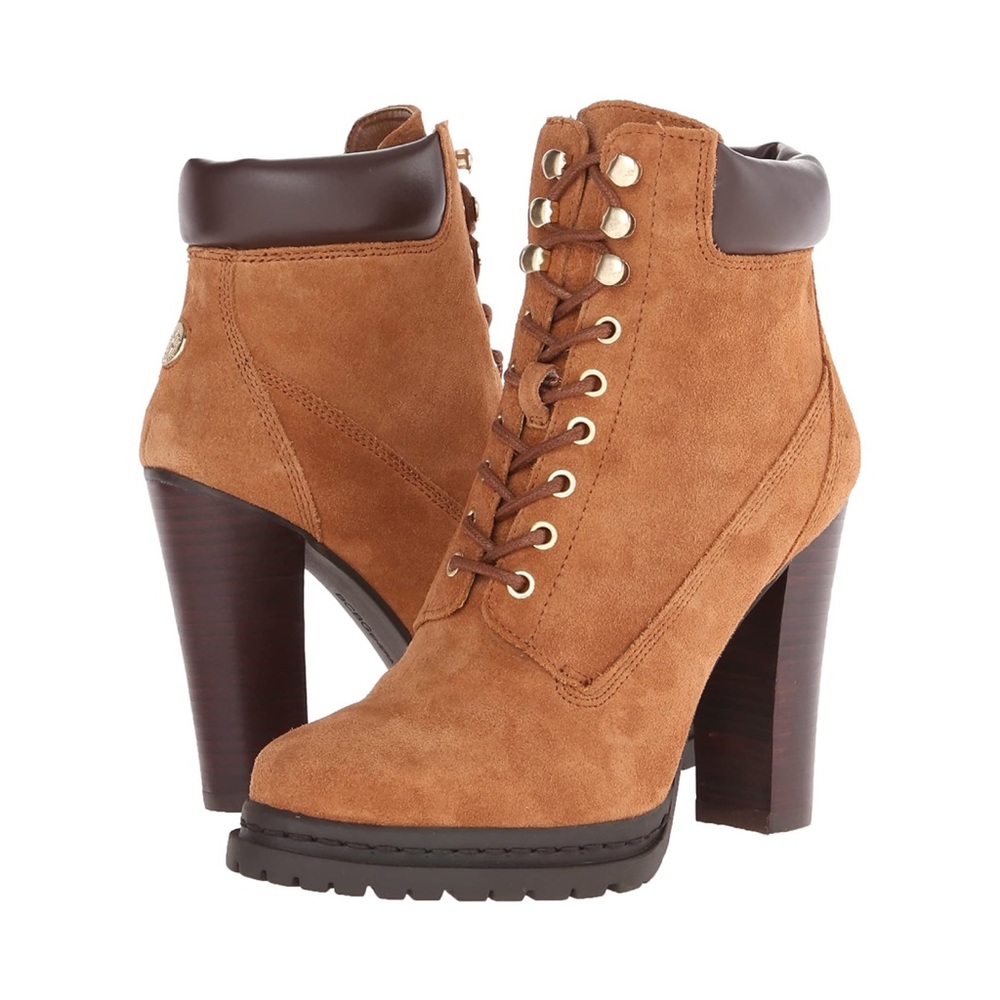 BCBG Maude Brown Suede Lace Up Heeled Booties - Picture 1 of 9